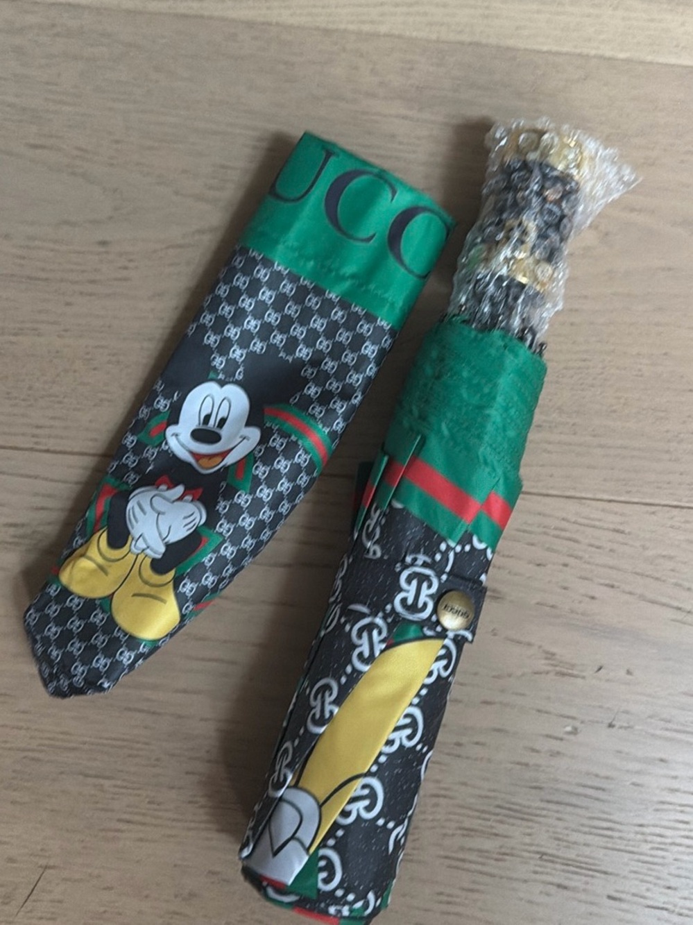 Fun Inspired Black GG Monogram Mickey Foldable Umbrella with Green and Red Web